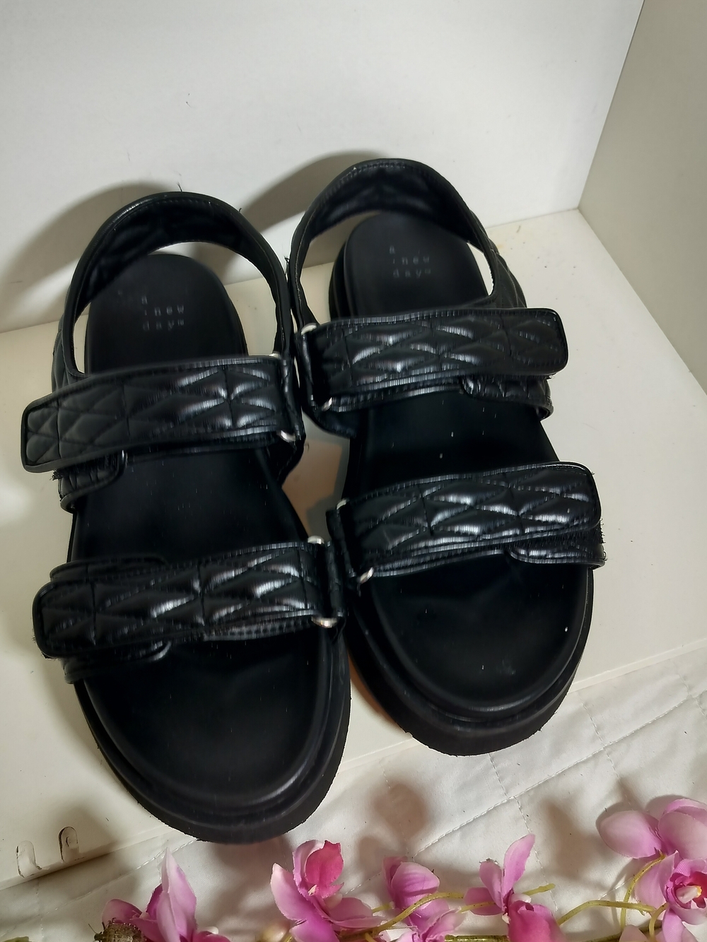 a new day Black Quilted Strap Women  Sandals with Double Velcro